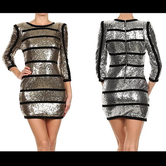 Stunning Black and Gold Sequin Long Sleeve Dress - Picture 5 of 5